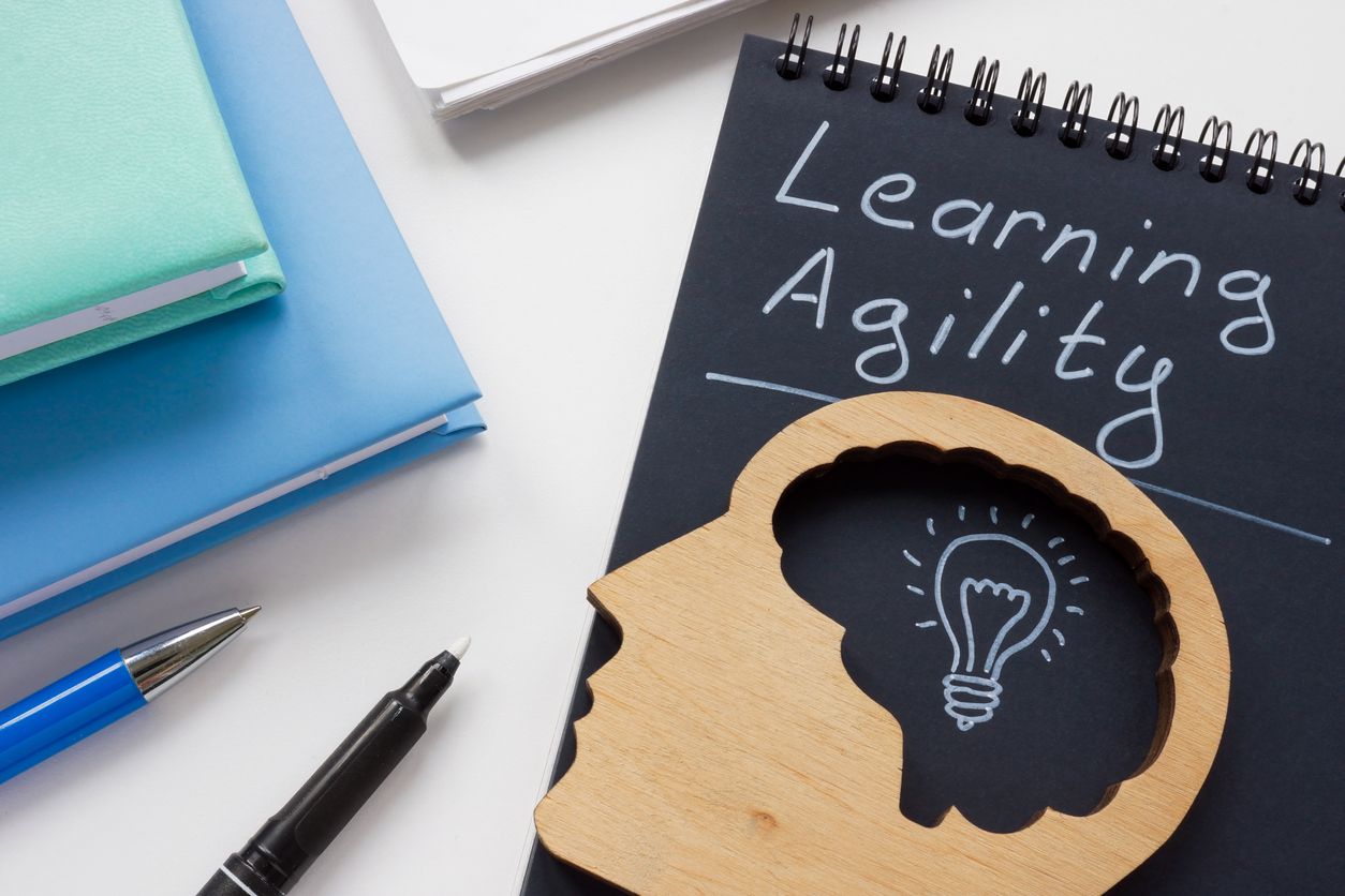 Learning agility concept with lightbulb brain and notebook